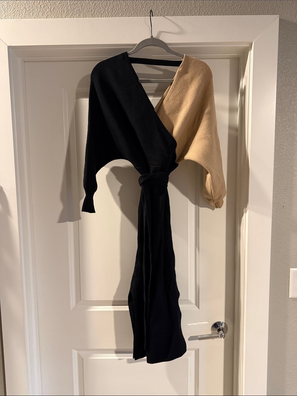 Fashion Nova Black and Beige Two-Tone Asymmetrical Wrap Dress